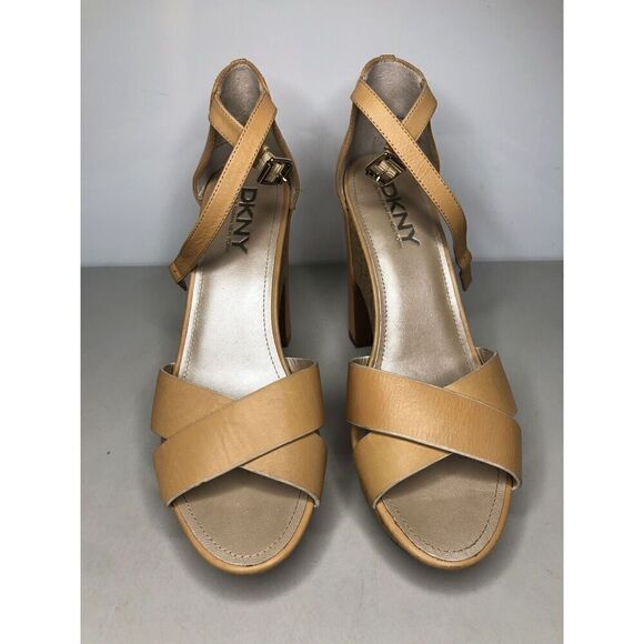 DKNY Natural Brown Leather Peep Toe Strap Dress High Heels Women’s sz 9M US/40EU - Picture 5 of 16